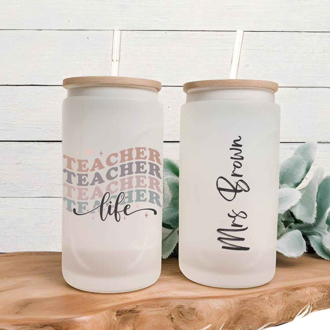 16oz Glass Can Cup With lid and Straw | Teacher Cup | Teacher Gift | Libby Cup | Beer Can Glass | Education Assistant Gift | Daycare Gift